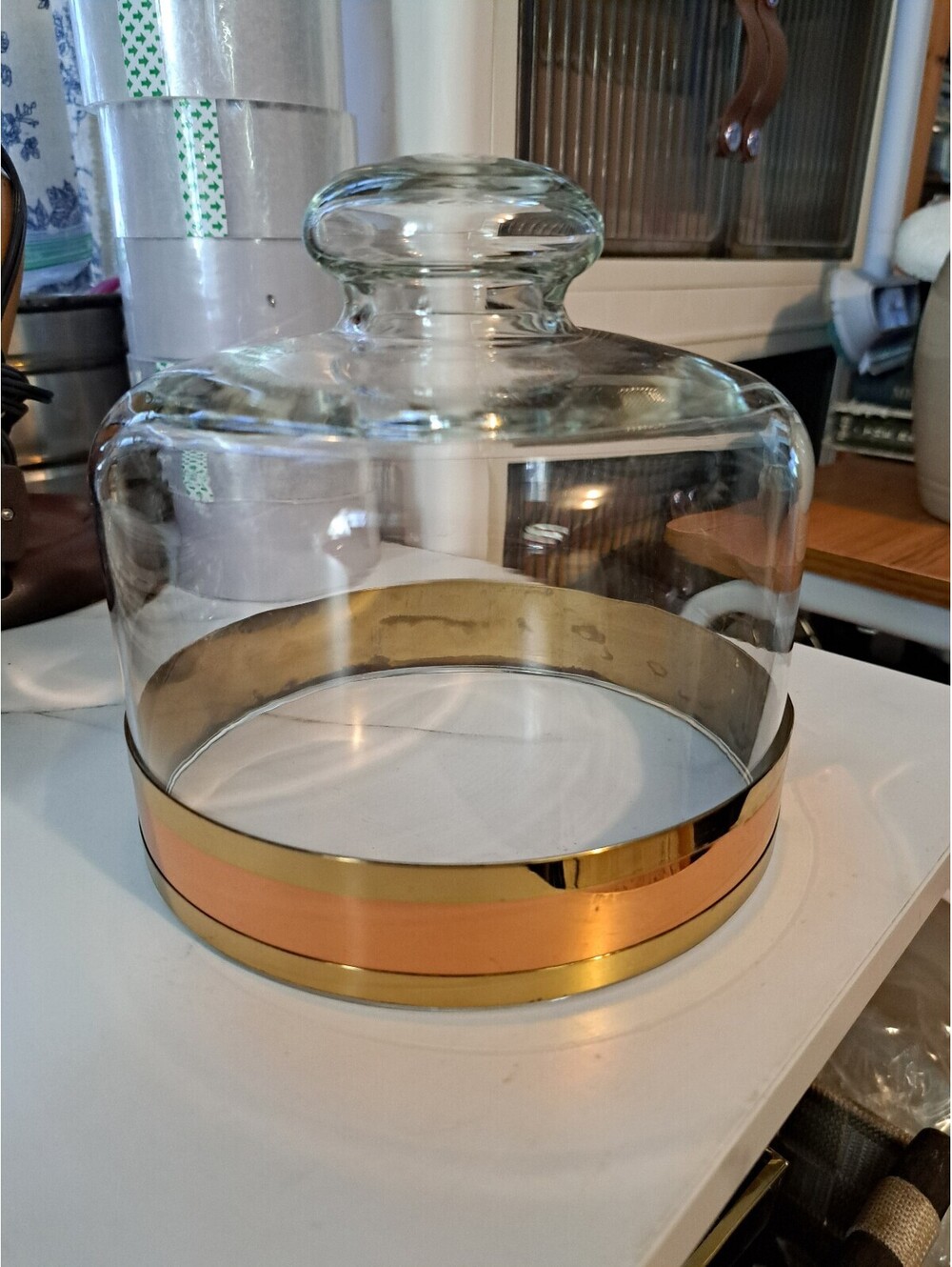 Vintage Decorative Clear Glass Dome with Brass & Copper Band